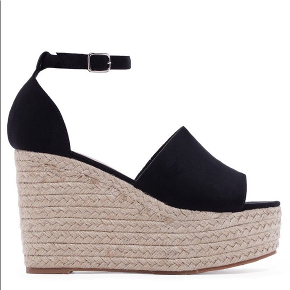 Black Wedge Faux Suede Peep Toe Espadrille Sandals - Picture 3 of 5